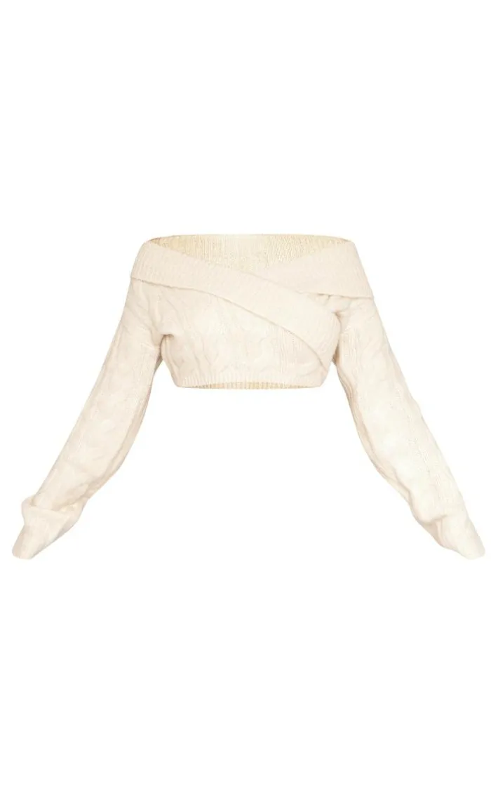 Oatmeal Bardot Foldover Detail Cropped Sweater