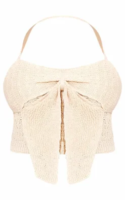 Oatmeal Bow Front Textured Crochet Crop Top