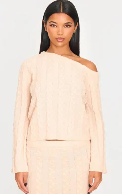 Oatmeal Cable Knit Asymmetric Neckline Oversized Sweater