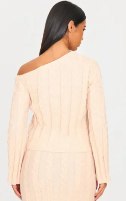 Oatmeal Cable Knit Asymmetric Neckline Oversized Sweater