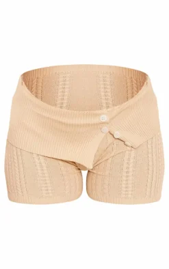 Oatmeal Contrast Cable Knit Fold Over Shorts