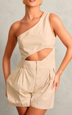 Oatmeal Cotton Poplin One Shoulder Cut Out Romper