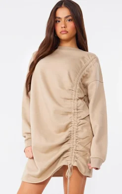 Oatmeal Crew Neck Oversized Ruched Sweatshirt Dress
