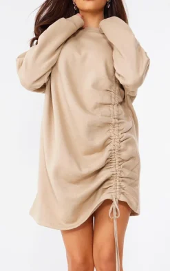Oatmeal Crew Neck Oversized Ruched Sweatshirt Dress