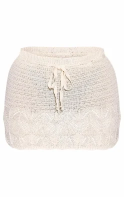 Oatmeal Crochet Knit Tie Front Mini Skirt