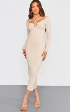 Oatmeal Cross Front Soft Rib Knit Maxi Dress