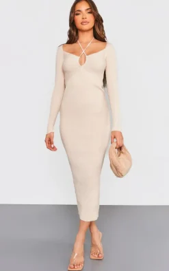 Oatmeal Cross Front Soft Rib Knit Maxi Dress