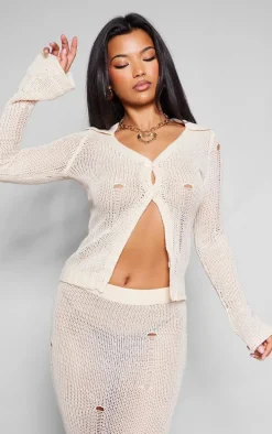 Oatmeal Distressed Knit Button Front Cardigan