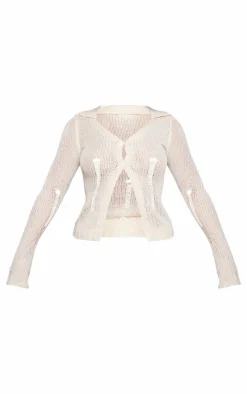 Oatmeal Distressed Knit Button Front Cardigan