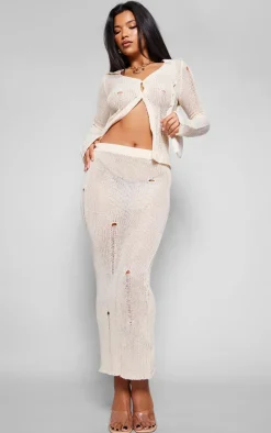 Oatmeal Distressed Knit Maxi Skirt