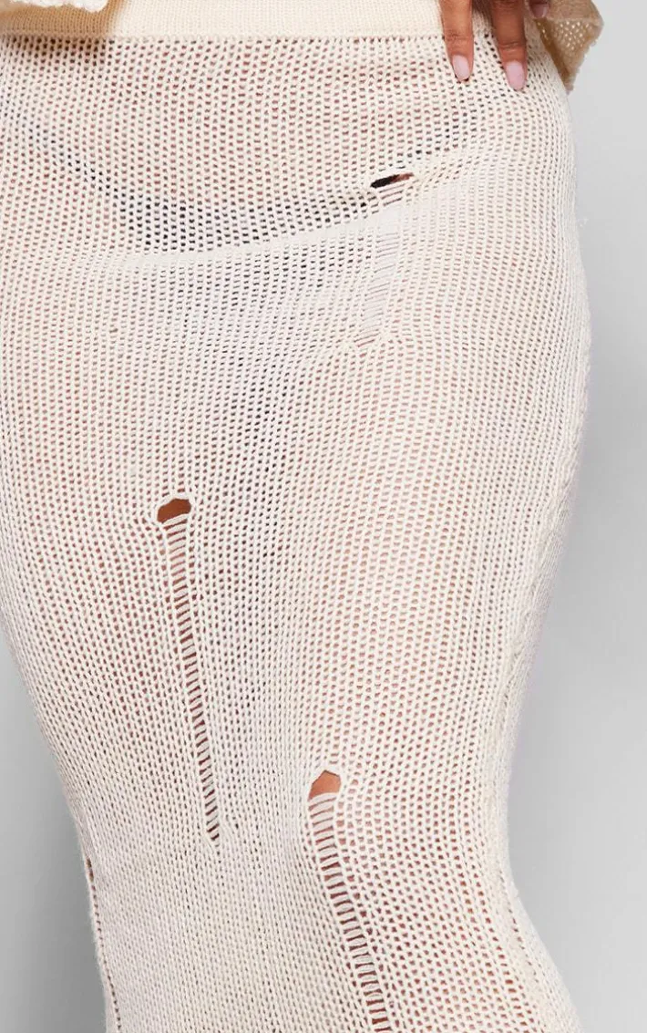 Oatmeal Distressed Knit Maxi Skirt