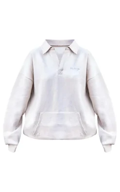 Oatmeal Embroidered Oversized Fit Collar Sweatshirt