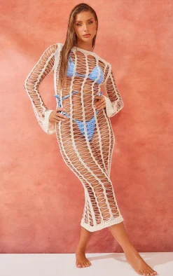 Oatmeal Extreme Open Knit Crochet Long Sleeve Midi Beach Dress