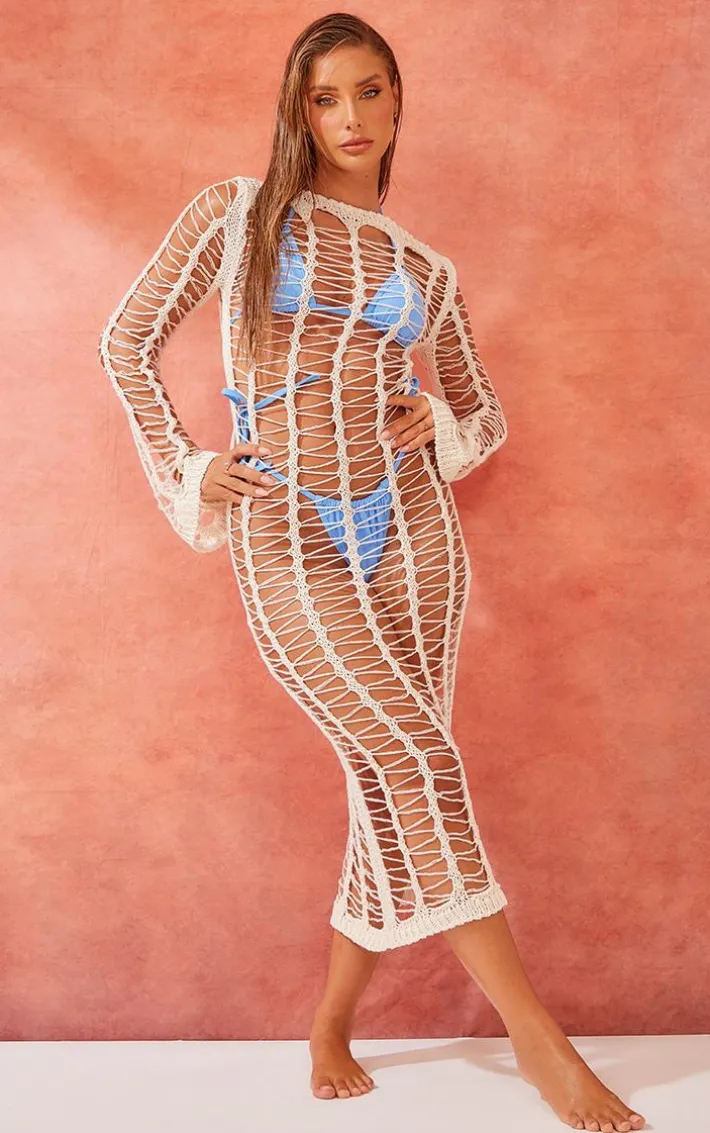 Oatmeal Extreme Open Knit Crochet Long Sleeve Midi Beach Dress