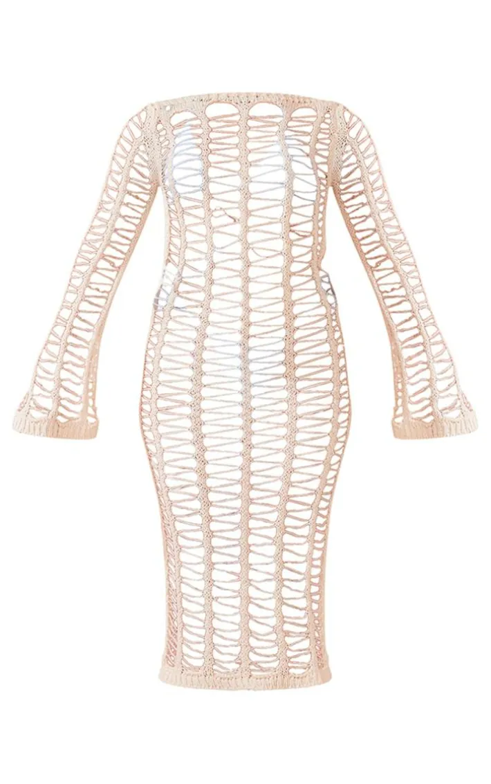 Oatmeal Extreme Open Knit Crochet Long Sleeve Midi Beach Dress