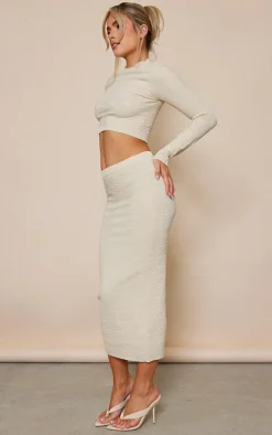 Oatmeal Flower Embossed Bodycon Split Skirt