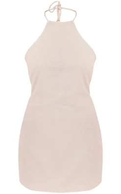 Oatmeal Halterneck Linen Look Shift Dress