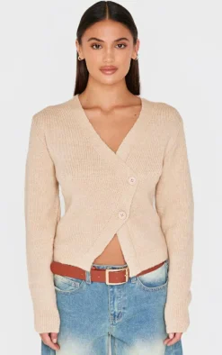 Oatmeal Knit Asymmetric Button Up Cardigan