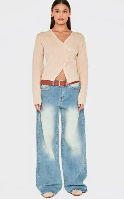 Oatmeal Knit Asymmetric Button Up Cardigan