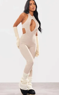 Oatmeal Knitted Cut Out Jumpsuit