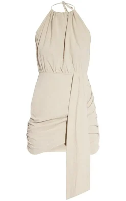 Oatmeal Linen Look Drape Detail Bodycon Dress