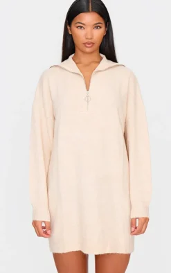 Oatmeal Luxe Knit Half Zip Sweater Dress