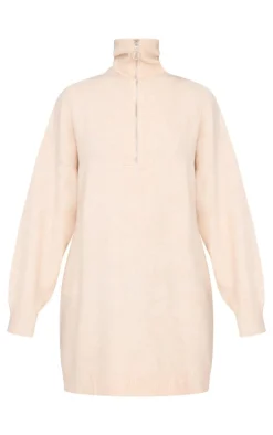 Oatmeal Luxe Knit Half Zip Sweater Dress