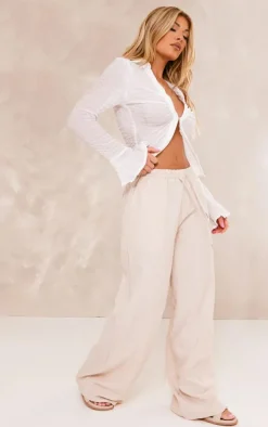 Oatmeal Marl Linen Look Wide Leg Drawstring Pants