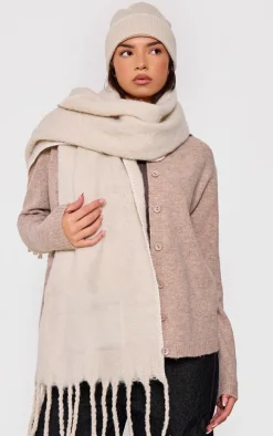 Oatmeal Pocket Stitch Detail Tassel Scarf