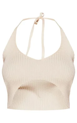 Oatmeal Rib Knit Cut Out Halterneck Top