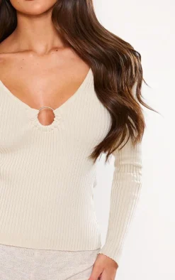 Oatmeal Rib Knit O Ring Long Sleeve Top