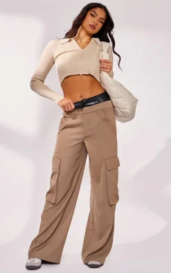 Oatmeal Rib Knit Zip Up Cropped Top