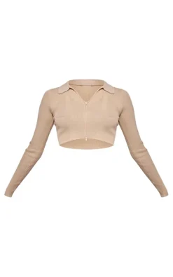 Oatmeal Rib Knit Zip Up Cropped Top