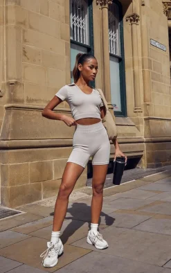 Oatmeal Seamless Contrast Rib Collar Crop Gym Top