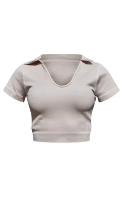 Oatmeal Seamless Contrast Rib Collar Crop Gym Top