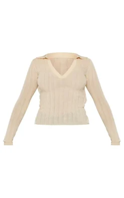 Oatmeal Sheer Rib Knit V Neck Long Sleeve Top