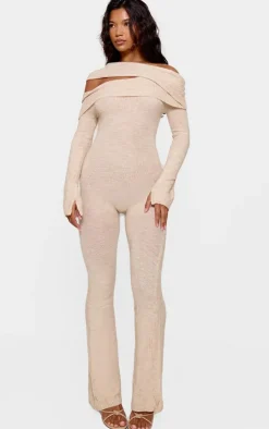 Oatmeal Soft Knit Bardot Foldover Asymmetric Neck Jumpsuit