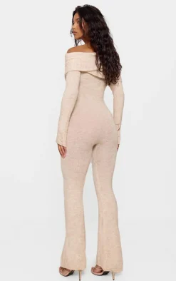 Oatmeal Soft Knit Bardot Foldover Asymmetric Neck Jumpsuit