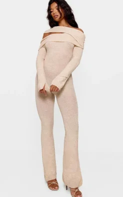 Oatmeal Soft Knit Bardot Foldover Asymmetric Neck Jumpsuit