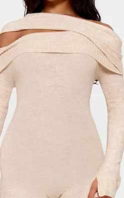 Oatmeal Soft Knit Bardot Foldover Asymmetric Neck Jumpsuit