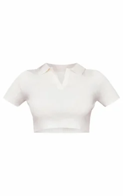 Oatmeal Soft Knit Collar Detail Open Back Top