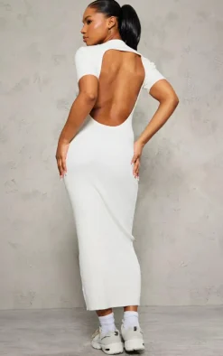 Oatmeal Soft Knit Collar Detail Tie Back Maxi Dress