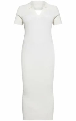 Oatmeal Soft Knit Collar Detail Tie Back Maxi Dress