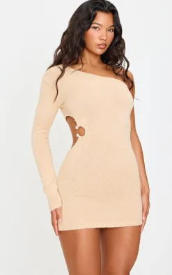 Oatmeal Soft Knit Trim Detail Cut Out One Shoulder Mini Dress