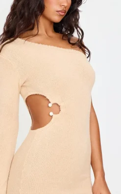 Oatmeal Soft Knit Trim Detail Cut Out One Shoulder Mini Dress