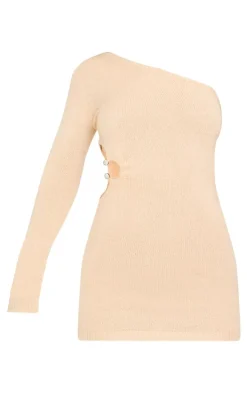 Oatmeal Soft Knit Trim Detail Cut Out One Shoulder Mini Dress