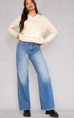 Oatmeal Soft Knit Varsity V Neck Sweater