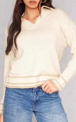 Oatmeal Soft Knit Varsity V Neck Sweater