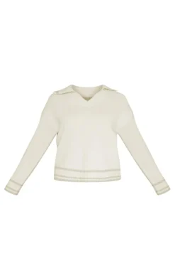 Oatmeal Soft Knit Varsity V Neck Sweater