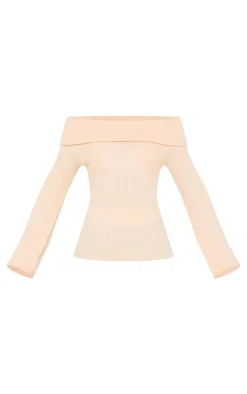 Oatmeal Soft Rib Knit Bardot Foldover Long Sleeve Top